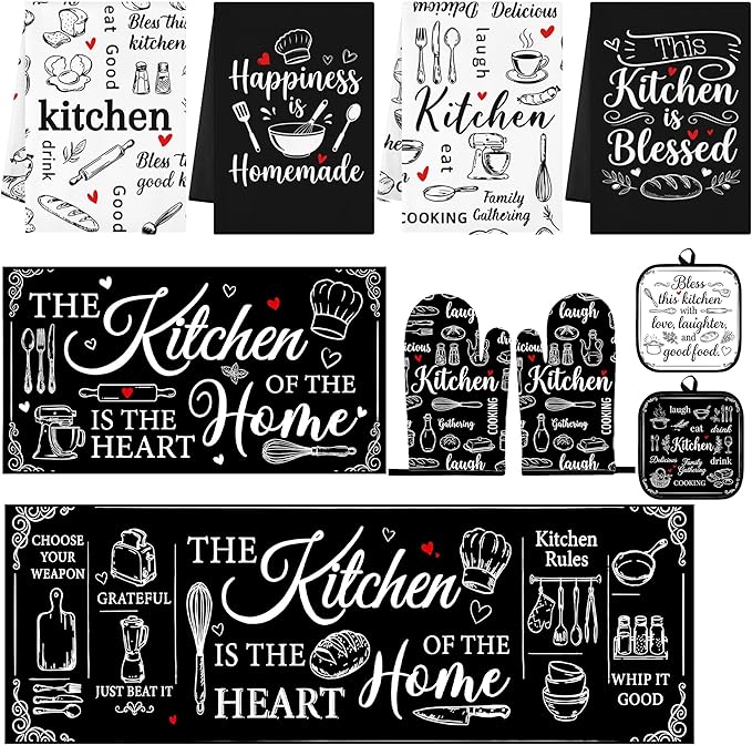 Black and White Kitchen Decor Set 10 Piece - Chalkboard Art Baking Theme Kitchen Rugs, Oven Mitts, Pot Holders and Towels - Modern Farmhouse Kitchen Rules Accessories