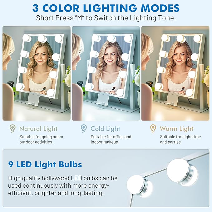 Kottova Makeup Mirror with Lights, 14" x 12" Vanity Mirror, Lighted Makeup Mirror with 3 Color Dimmable Lighting & Touch Sensor, Detachable 10X Spot Mirror, White