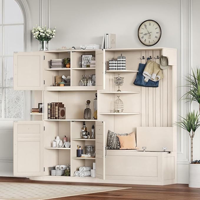 Multifunctional Hall Tree with 4 Hooks, Wood Hall Tree with Open Shelving and Flip Hidden Shelf, Left-Right Combination Coat Rack (can be Used Separately), Entryway Bench (Beige/45c)