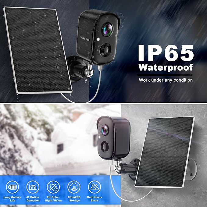 Security Cameras Wireless Outdoor, 2K WiFi Cameras for Home Security with Solar Panel Battery Powered AI Motion Detection Spotlight Siren Alarm Surveillance Home Security Cameras-Black Grey Solar Cam
