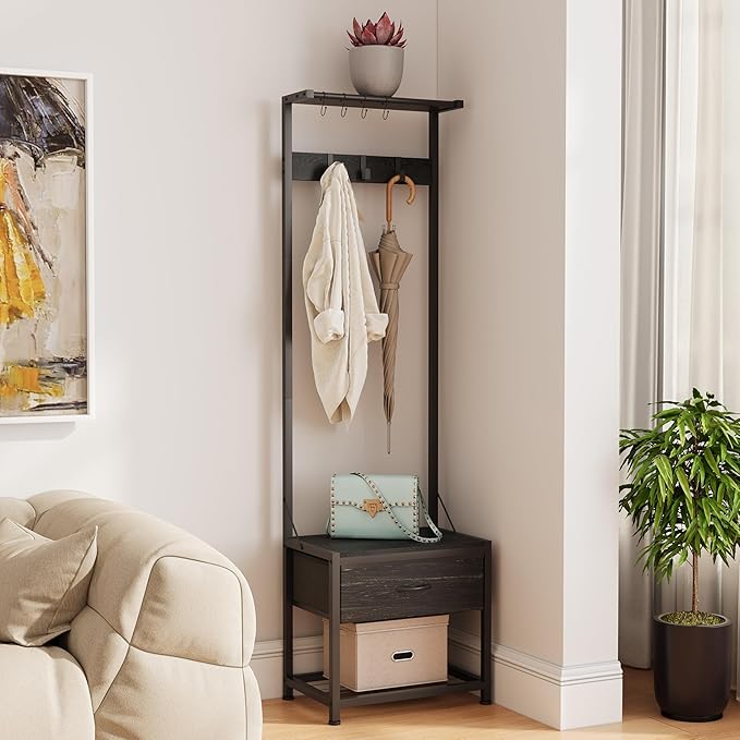 LUMTOK Hall Tree with Shoes Bench, Small Coat Rack with Fabirc Drawer and Shelf for Bedroom, 4-in-1 Entryway Organizer with Shoes Stool for Living Room, Entryway, Closets (Rustic Brown) (Black, Small)