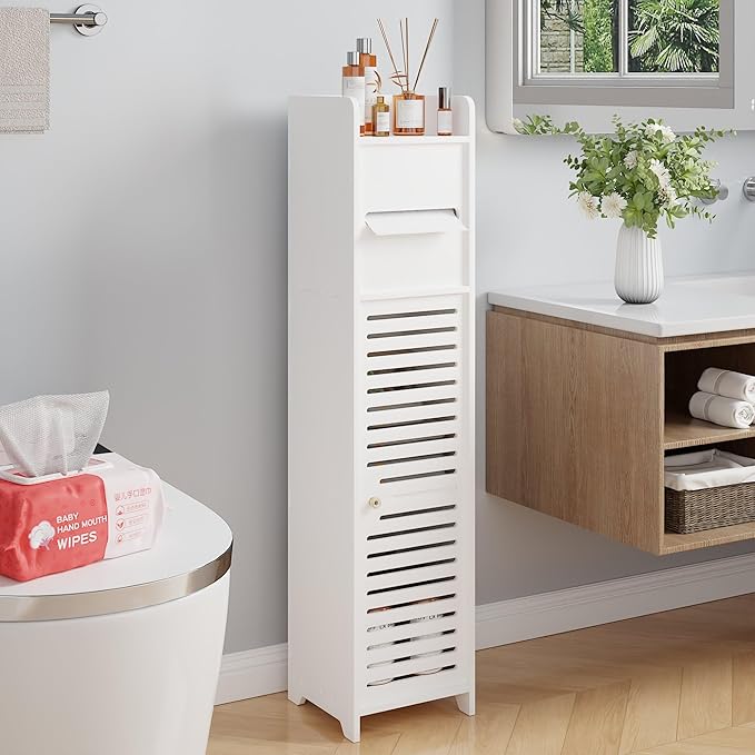 VECELO Storage Cabinet for Small Spaces,Bathroom Cabinet with Toilet Paper Scroll, Short Corner Cabinet with Farmhouse Style Door for Bathroom Space,White