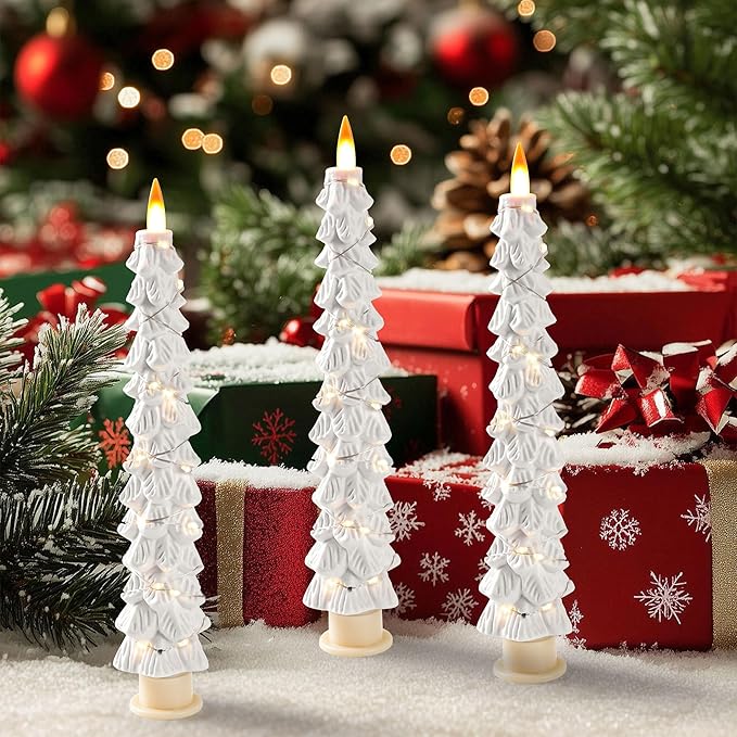 Christmas Tree Candles Surrounded by Fairy Lights, LED flameless Candle Lights with Remote Control Timing Function. White