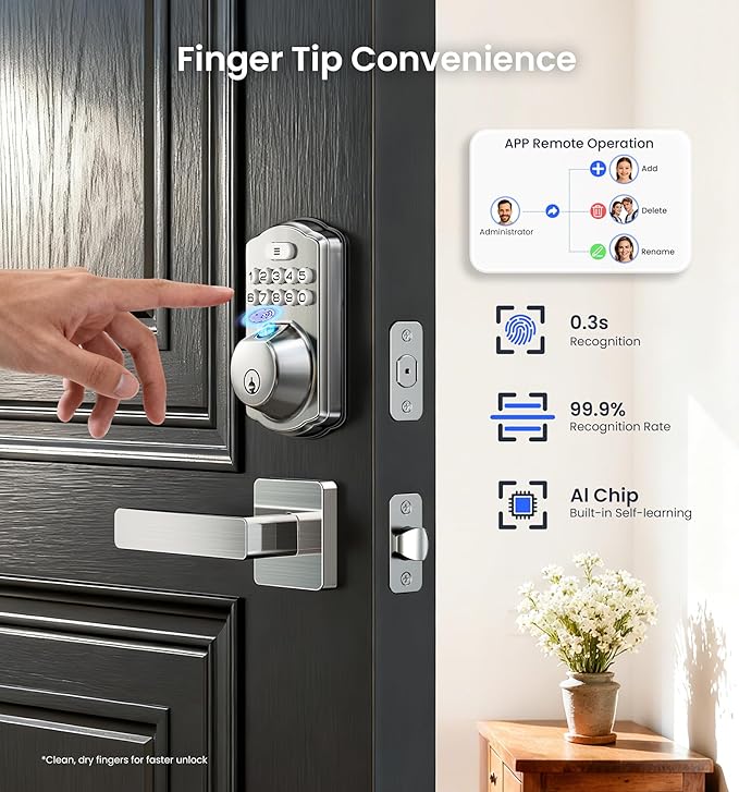 Veise VE012W-L Built-in Wi-Fi Fingerprint Smart Lock with Lever Handle Set, App Remote Control, Keyless Entry for Front Door, Deadbolt Digital Backlit Keypad, Voice Assistant, Auto Lock, Satin Nickel