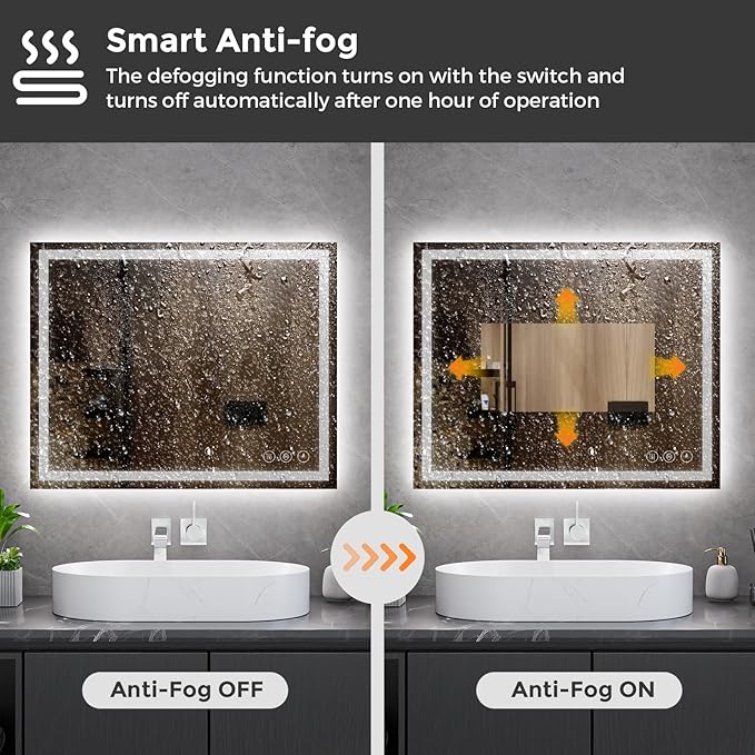Koonmi 30x48 LED Bathroom Mirror, Backlit + Front Lit, LED Bathroom Mirror with Lights for Wall, 3 Colors, Anti-Fog, Dimmable Brightness, Memory Function, Tempered Glass