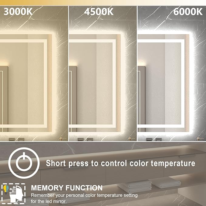 LED Mirror for Bathroom 55x30 Lighted Bathroom Vanity Mirrors with Lights, Brighter Frontlit and Backlit Anti-Fog Mirror, Tempered Glass, Dimmable 3 Colors Light Modes, Memory Function