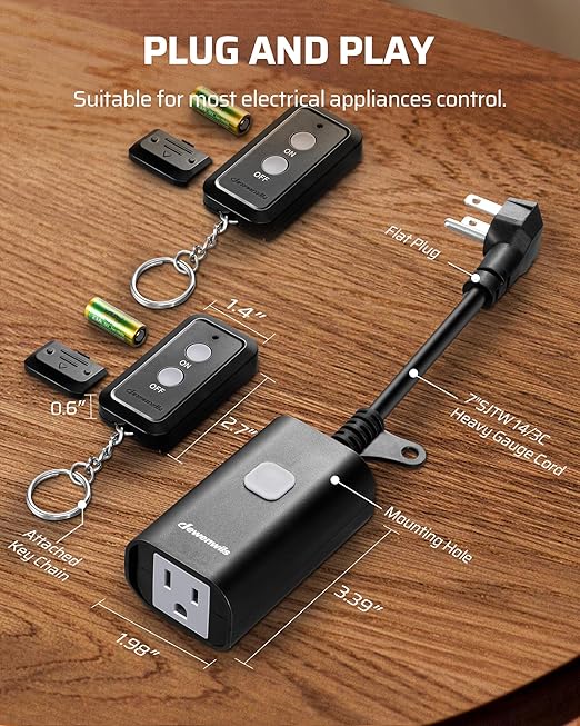 DEWENWILS Outdoor Remote Control Outlet, 15A Wireless Remote Control Switch, 100FT Control Range&14AWG SJTW Power Cord, for Lights Outdoor Appliances, 2 Remote Controls+1 Outlet