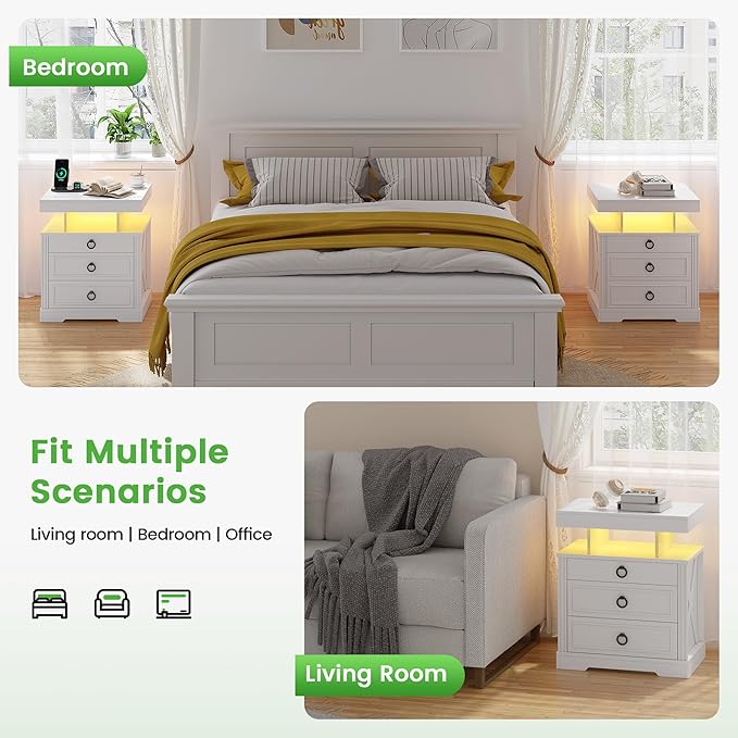 HNEBC Night Stand Set 2 with Gun Drawers, Farmhouse Nightstand with Charging Station, Secret Bedside tabel with 3 Color Auto Light, Smart End Table with Hidden Storage for Bedroom Furniture-White