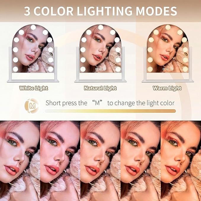 Arched Makeup Vanity Mirror with Lights 18.5"x 14.17" LED Makeup Mirror Detachable 10X Magnification, Hollywood Make Up Mirror with Lighting, Smart Touch, Rechargeable,360° Rotation, (White)