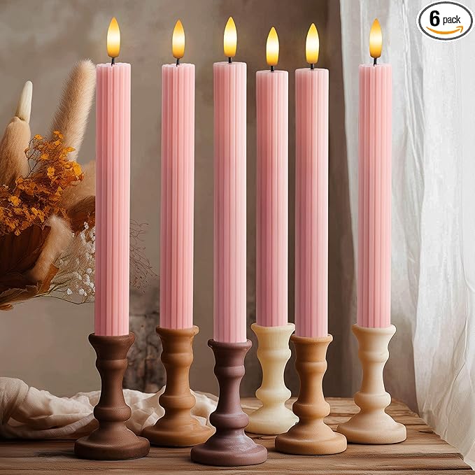 6 Pack, 10" LED Flameless Dusty Rose Fluted Ribbed Grooved Taper Candles, Remote & 24h Timer Memory, On/Off Button, Dimmable, Flicker Mode, Battery Operated, Christmas Menorah Wedding