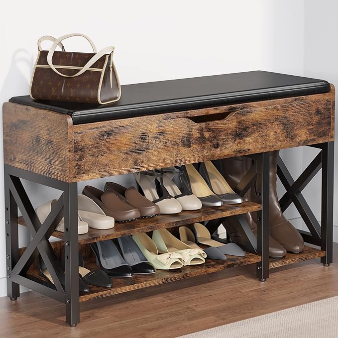 Shoe Bench, Lift Top Shoe Storage Bench, Adjustable Shelf Entryway Bench, Metal and Wood Shoe Rack Organizer with Cushion for Entry, Closet, Living Room, Bedroom, Hallway (Brown, 39.5“W)