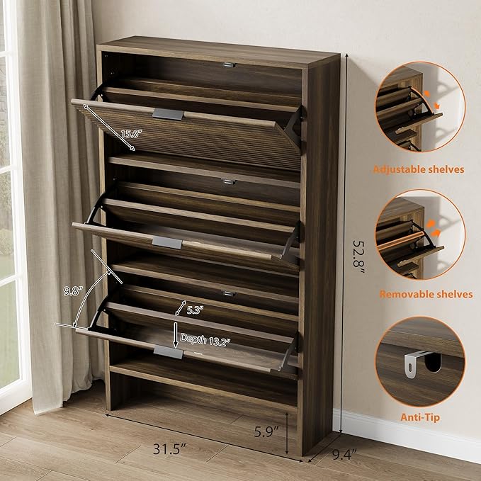 Garvee Shoe Storage Cabinet for Entryway, Fluted Shoe Cabinet with 3 Flip Drawers Doors, 32" Wide Hidden Shoe Rack Tall Freestanding Shoe Organizer for Entrance, Hallway, Living Room, Walnut