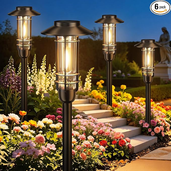 6 Pack Solar Pathway Lights Outdoor, Upgraded Bright Solar Powered Garden Light Outside, Waterproof Outdoor Lighting for Landscape Lawn Patio Yard Path Driveway Walkway Decor, Warm White