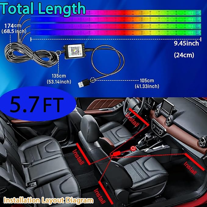 5.7FT LED Interior Light for Car, 48LEDs RGB USB Under Dash Lighting, Footwell Neon Internal Lights Kit, Smart APP and Remote Dual Control, Multicolor Music and Mic Mode