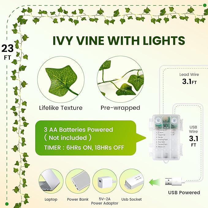 Vine Leaf with Fairy Lights, 23FT 73 LED Lighted Ivy Spring Garland Lights, Battery or USB Powered for Dorm Room, Bedroom & Creative Wall Decor, Warm White