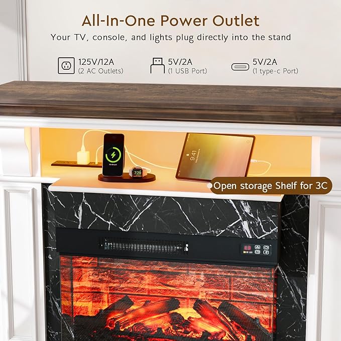 LGHM LED Electric Fireplace TV Stand with Outlet, 72'' Fireplace Mantel for TVs up to 80'', Modern Entertainment Center with 3-Sided Glass Fireplace Heater Insert for Living Room