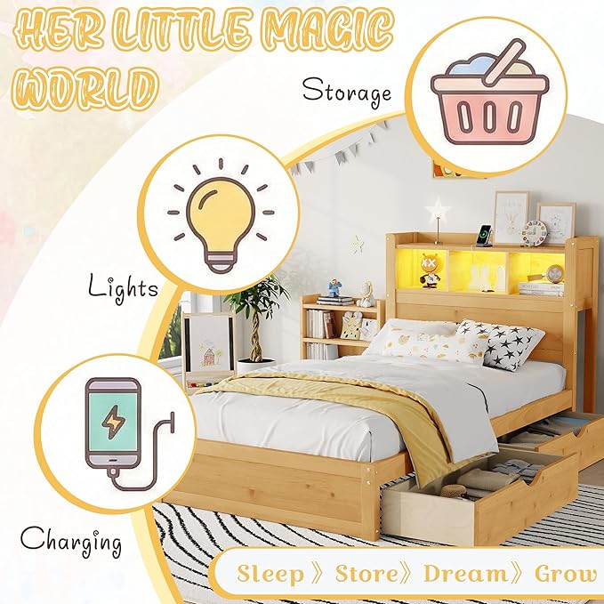 Kids Twin Bed Frame with Drawers & Storage Headboard, Solid Wood Platform Bed with Pull-Out Cabinet, Built-in LED Light & Charging Station, No Box Spring Needed, Natural
