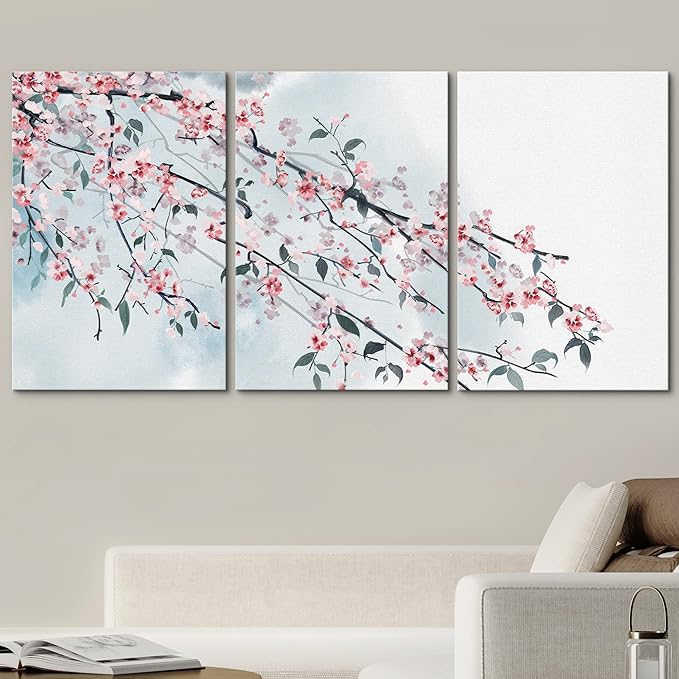 wall26 - 3 Panel Canvas Wall Art - Ink Painting Style Pink Cherry Blossom on The Branch - Giclee Print Gallery Wrap Modern Home Art Ready to Hang - 24"x36" x 3 Panels