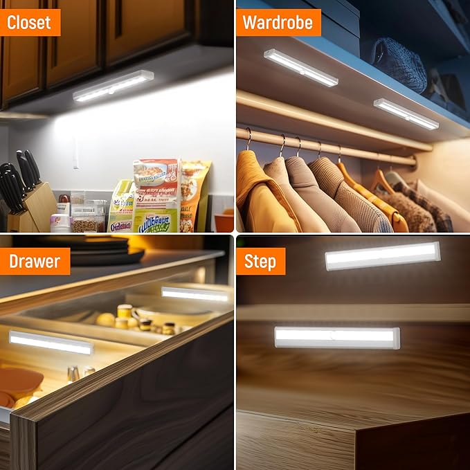 Motion Sensor LED Lights, 6 Pack Battery Operated 10 LED Motion Closet Light, Stick-On Anywhere Magnetic Night Light Bar for Closet Under Cabinet Kitchen Hallway Stairway Vanity Wardrobe