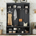 Modern Entryway 3-Tier Hall Tree, Coat Rack with Shoe Storage, Bench Seat, 6 Metal Hooks and Open Shelves, for Organized Homes (Black)