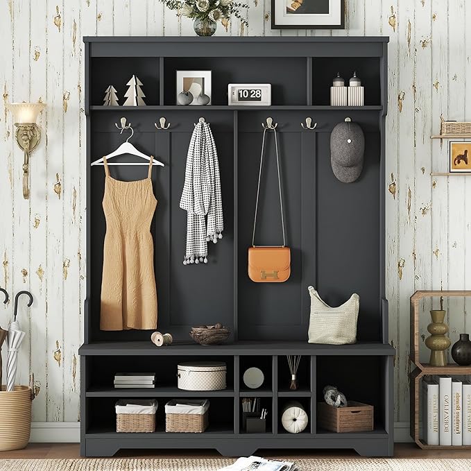 Modern Entryway 3-Tier Hall Tree, Coat Rack with Shoe Storage, Bench Seat, 6 Metal Hooks and Open Shelves, for Organized Homes (Black)