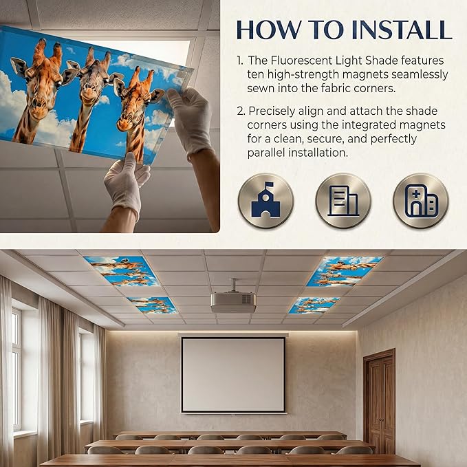 Fluorescent Light Covers for Ceiling Lights -Magnetic Cloud Cover for Fluorescent Or LED Fixture 2ft x 4ft Classroom,Home,Office Decoration Filters Overhead Lighting-Three giraffes
