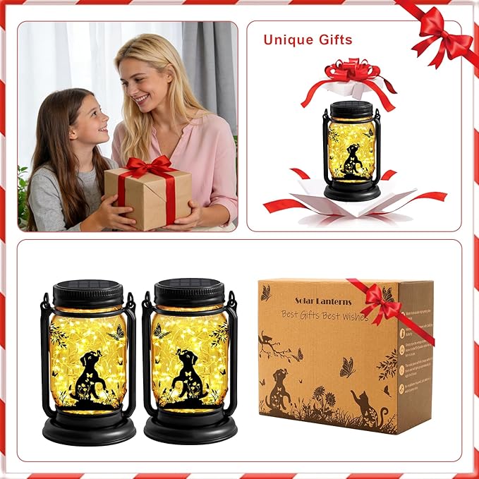Solar Dog Butterfly Lanterns Outdoor Waterproof - Dog Lover Gifts for Women Mom Grandmom Birthday Mothers Day, LED Hanging Mason Jar Fairy Lights for Garden Yard Patio Decor