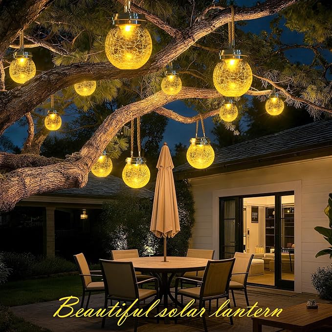 DBF Solar Lanterns Outdoor Waterproof, 4 Pack Hanging Solar Lights Outdoor Garden Decor, Amber Warm & RGB LED Globe Cracked Glass Ball Lantern for Yard Tree Fence Patio Porch Events Deck Pathway