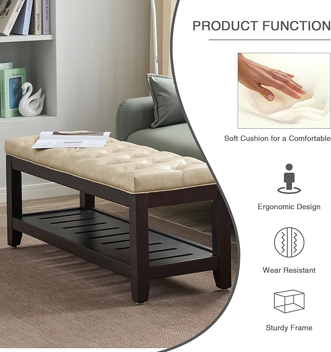 LOULENS 44'' PU Leather Tufted Storage Ottoman, Modern Upholstered End of Bed Bench, Comfortable Entryway Bench with Wood Legs, Accent Footrest for Living Room, Ivory
