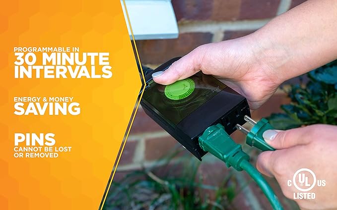 Southwire Woods Outdoor 24-Hour Plug-In Mechanical Timer - Energy-Saving Convenience - Dual Grounded Outlets - Programmable Daily Settings - Weatherproof Design - 6-Inch Cord - Black