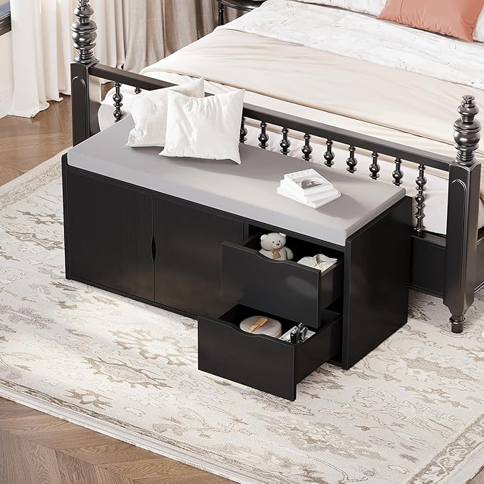 LVB 2-Tier Storage Bench with Padded Seat Cushion, Entryway Bench with 2 Drawers, Removable Barn Doors & Adjustable Shelf, Industrial Shoe Bench for Hallway, Bedroom, Living Room,Black Oak, 40 Inch