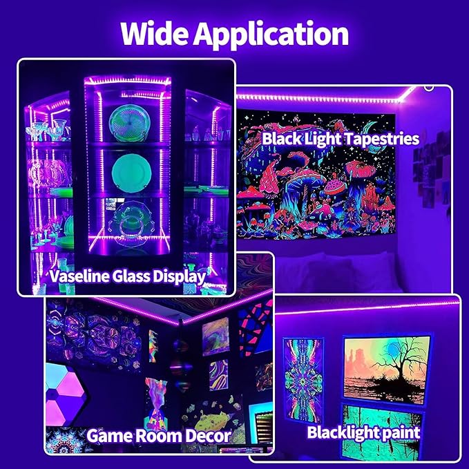 16.4ft Black Lights Strip Battery Operated, USB Blacklight Strip for Glow Party, 385-400nm Black Lights for Bedroom Indoor Halloween Birthday Decor Uranium Glass Tapestry Poster