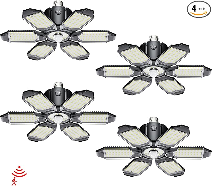 Motion Sensor Garage Light,20000LM Garage Lights Ceiling Led Motion Activated,Motion Light Indoor with Dusk to Dawn,Screw in Light Bulb for Basement Attic Warehouse (4 Pack)