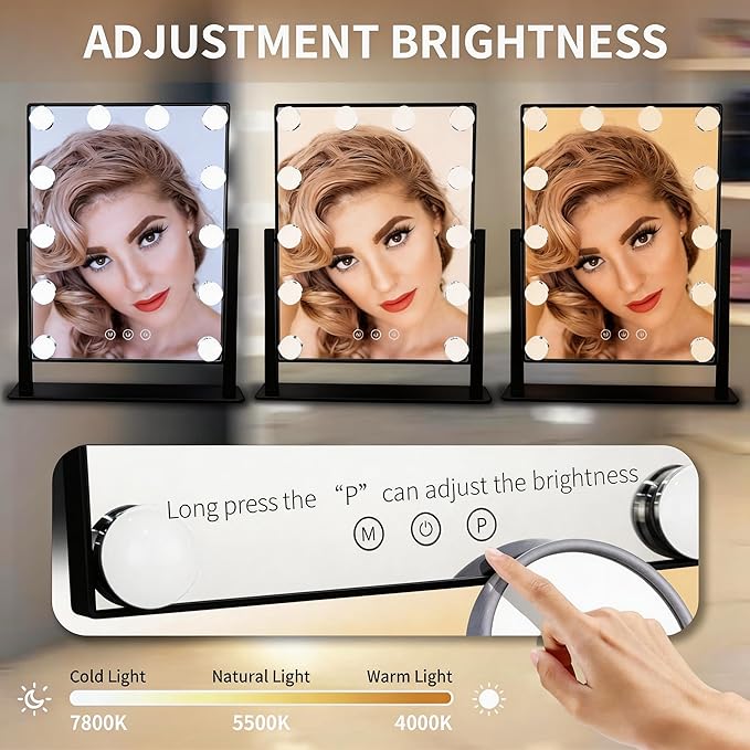 Makeup Vanity Mirror with Lights 17.12"x13.77" LED Makeup Mirror Detachable 10X Magnification, Hollywood Make Up Mirror with Lighting, Smart Touch, Rechargeable,360° Rotation, (Black)