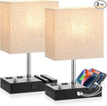 Bedside Lamps for Bedroom Set of 2, Kakanuo Fully Dimmable Small Beige Nightstand Lamps with USB C Ports and 2 Charging Outlets, Wooden Table Lamp with Phone Stands for Living Room, LED Bulbs Included