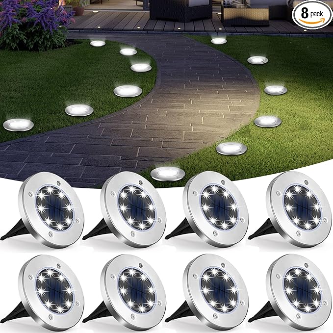UFOND 8 Pack Solar Ground Lights, Outdoor Waterproof Garden Light Decor, Disk Solar Deck Light, Landscape Lighting for Patio Pathway Yard,Outdoor Lights (Cold White)