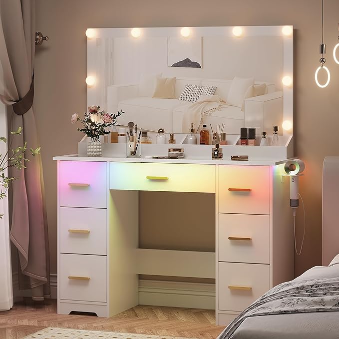 44" Vanity Desk with Mirror and Lights, Glass Top Makeup Vanity with RGB Ambient Lights & 7 Drawers, Large Dressing Table with Power Outlet for Bedroom, White