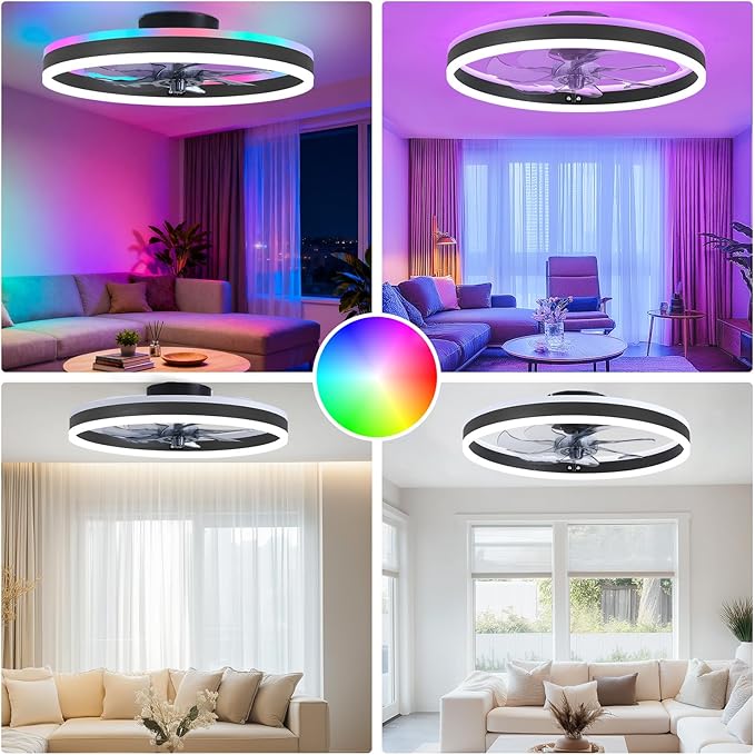 RGB Ceiling Fans with Lights, 20" Fandelier Low Profile Ceiling Fan with Light, Modern Flush Mount Ceiling Fan Light with Remote/APP Control, Bedroom Chandelier Fan Fixture for Indoor(Black)