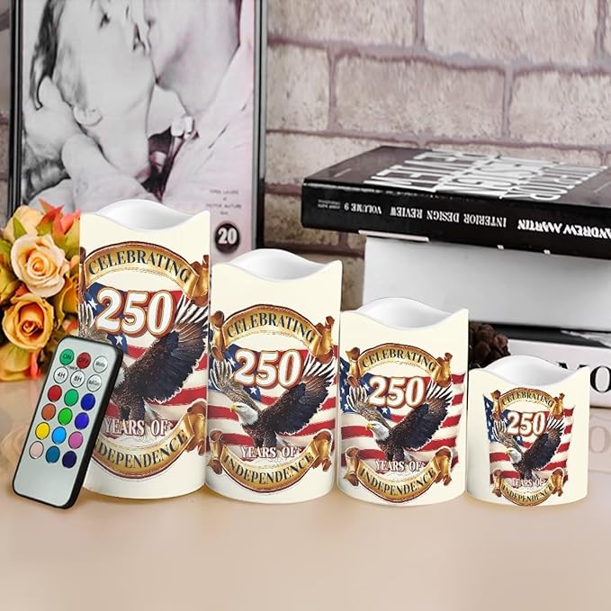 Bald Eagle White Candles Celebrating American 250th Anniversary Battery Led Lights with Timer Patriotic Remote Control Candle for Independence Day Holiday Decorations, 4 Pack