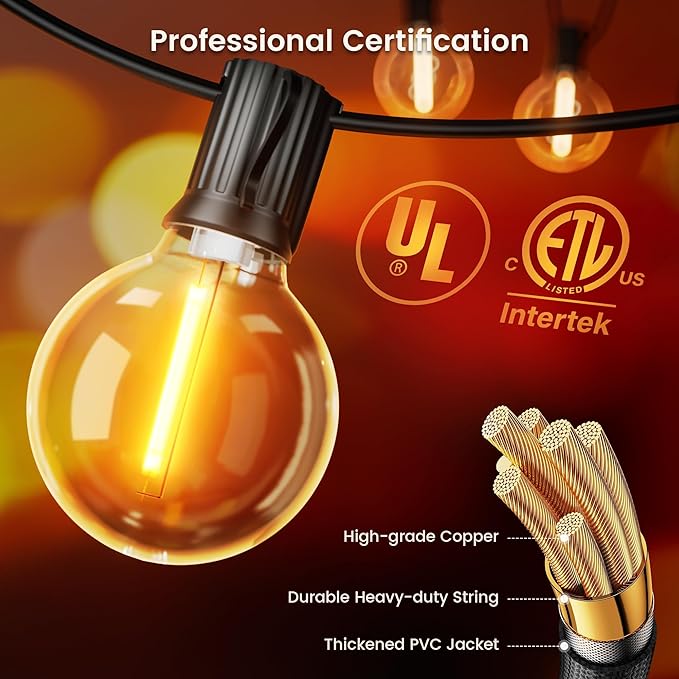OHLUX Outdoor String Lights, 180FT LED Patio Lights with 82 Dimmable Plastic G40 Globe Bulbs 2 Spares, 2200K Waterproof Connectable Hanging Lights for Backyard Porch Cafe Party Decor E12 Socket