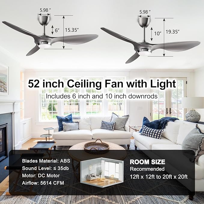 reiga 52 Inch Modern Smart Wifi Ceiling Fan with Light and Remote Control, Living Room Bedroom patio 3 Blade Ceiling Fans with Reversible Mute DC Moto