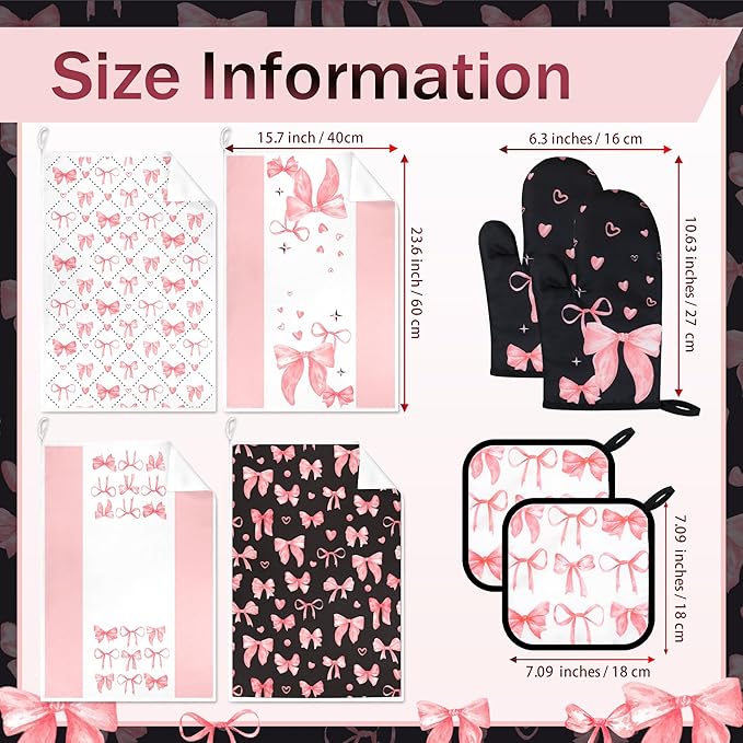 8 Pcs Cute Pink Bow Kitchen Towels and Dishcloths Sets Oven Mitts Pot Holders Set Valentines Day Absorbent Decor Accessories Gloves Potholders Heat Resistant for Chef Baking Cooking Home Gifts