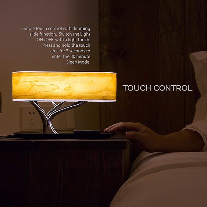 Bonsai Modern LED Bedside Smart Table Lamp with Built-in TWS Bluetooth Speaker and Qi Wireless Charger for Home and Office, Stepless Dimming with Sleep Mode (Tree of Light)