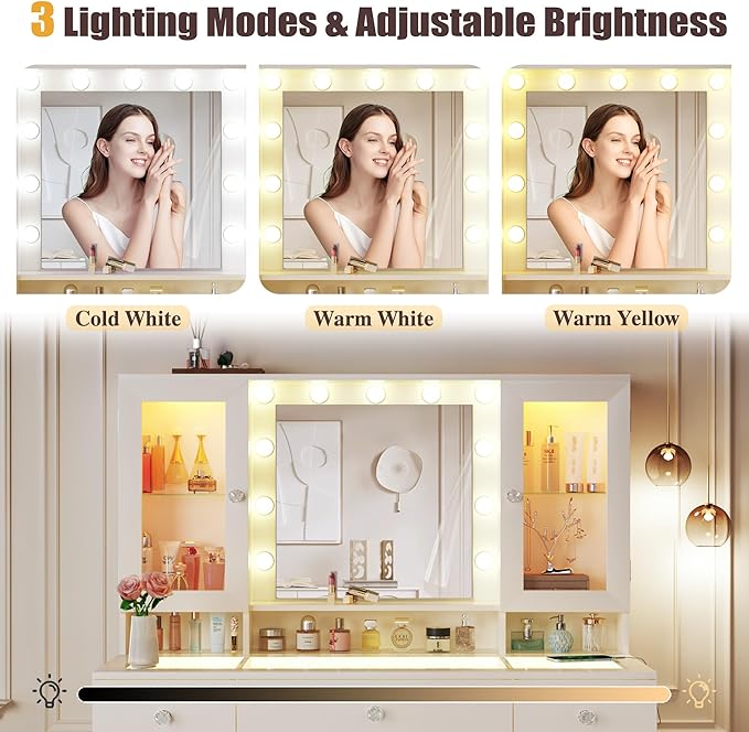 Vanity Desk with Mirror and RGB Lights, 43" Large Makeup Vanity with Glass Top, 4 Large Glass Cabinets, Power Outlet & 3 Drawers, 3 Colors Lighting Adjustable Brightness for Bedroom, White