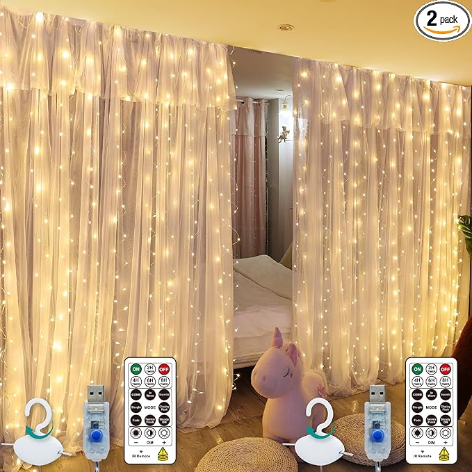 HXWEIYE 300LED Fairy Curtain Lights, 9.8x9.8Ft USB Plug-in 8 Modes Christmas String Hanging Lights with Remote for Bedroom Backdrop Wedding Indoor Wall Decor, Warm White, Standard – 2 Pack
