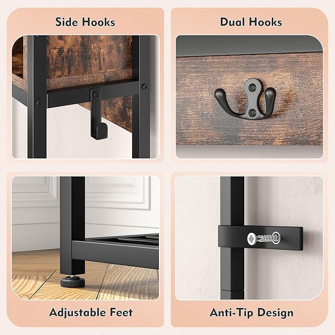 Raybee Hall Tree with Bench and Shoe Storage, Coat Rack Freestanding with 3 Fabric Drawers, Entryway Bench with Shoe Storage, Hall Tree with 12 Hooks for Hallway, Rustic Brown
