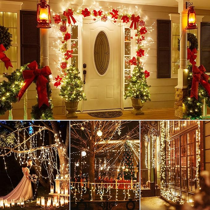 Dailyart Fairy Lights Plug in, 200 Led Twinkle String Light with Remote 10Ft 8 Modes Warm Cluster Lights with Timer for Bedroom Wreath Party Window Wedding Christmas Tree Decoration Gold Wire