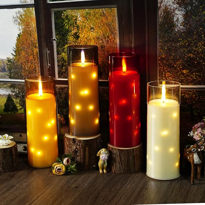 11" x 4" Large Outdoor Waterproof Flameless LED Candles with Remote and Timer,Acrylic Pillar Candles Battery Operated with Embedded Star String for Porch,Patio,Outdoor Decor,Set of 2(Gold)