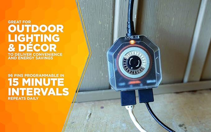 Southwire Woods Outdoor 24-Hour Mechanical Timer - Dual Grounded Outlets - Energy-Saving Power Control - Waterproof Design - Programmable Outdoor Timer - Black