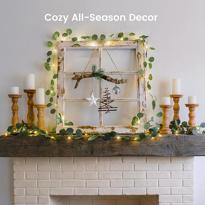 Eucalyptus Garland with 40 LED Fairy Lights – Lighted Greenery Vine with Remote & Timer, Dual Power (USB/Battery), IP44 for Cozy Home, Mantel, Wedding & Spring Decor